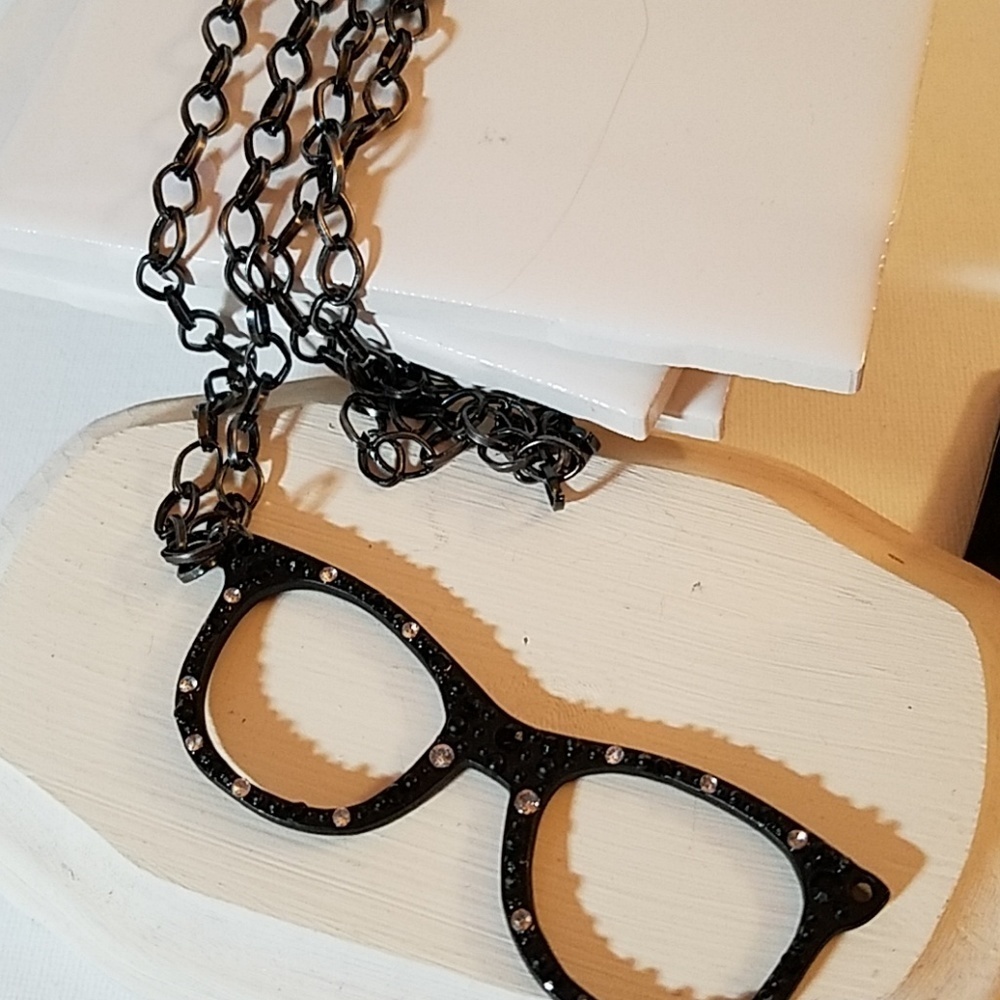 Eyeglass 3" Frame Rhinestone Large Black 36" Chain
